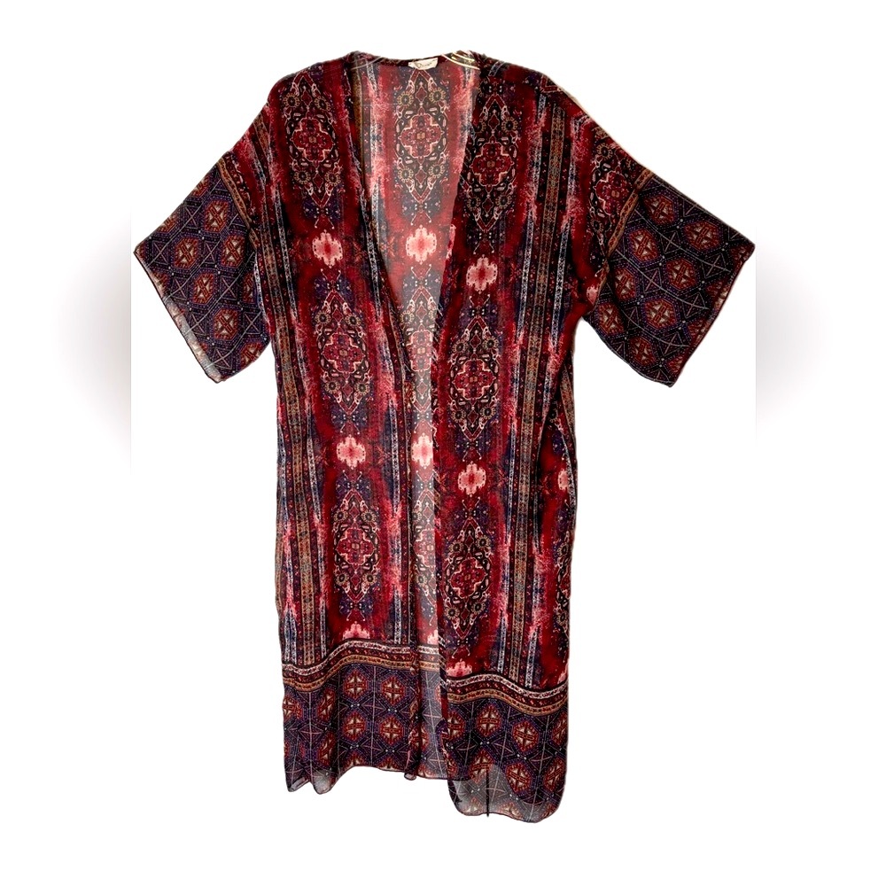 Open duster kimono with jewel tone mosaic pattern